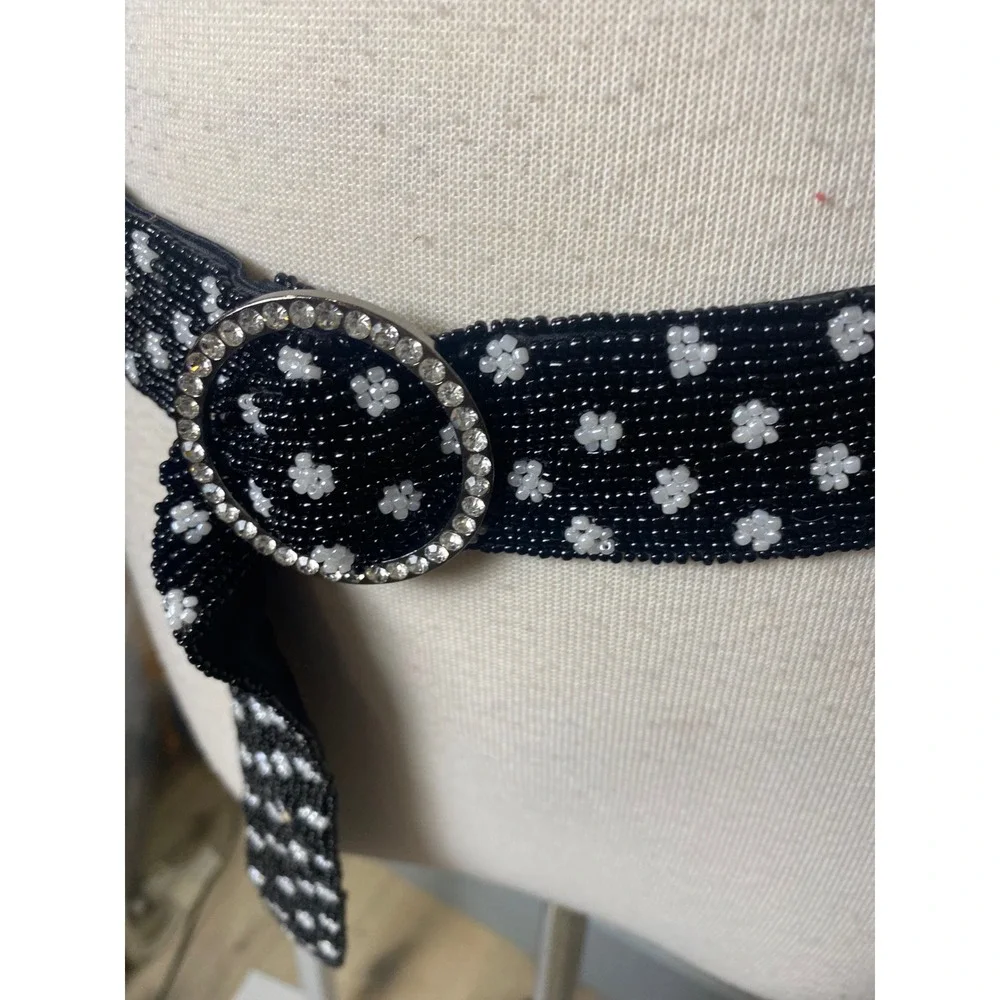 Vintage 90s Glass Beaded Daisy Flower Belt Black Rhinestone Buckle Retro Boho